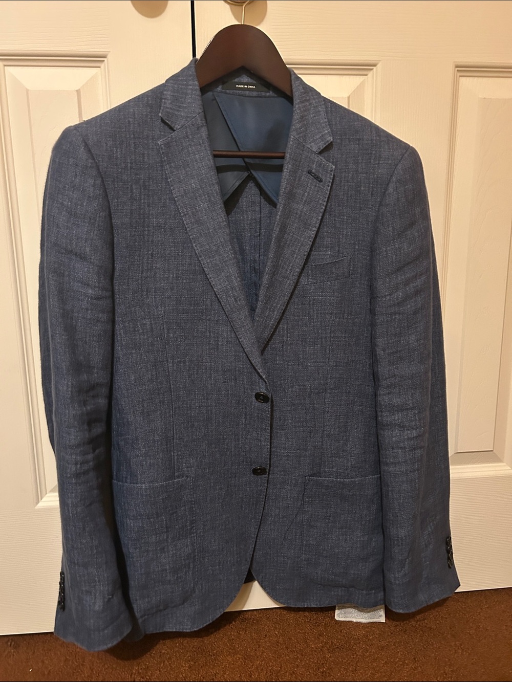 Club Monaco Men's Blue Linen Two-Button Blazer. Italian Fabric.
